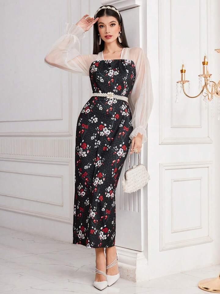 CM-DS562668 Women Elegant Seoul Style Floral Printed Mesh Patchwork Long Sleeve Dress