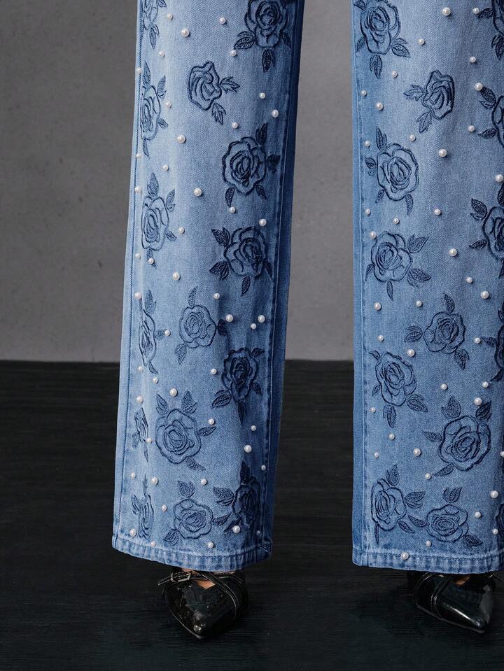 CM-BS039013 Women Elegant Seoul Style Mid Waist Embroidered Straight Leg Jeans - Blue