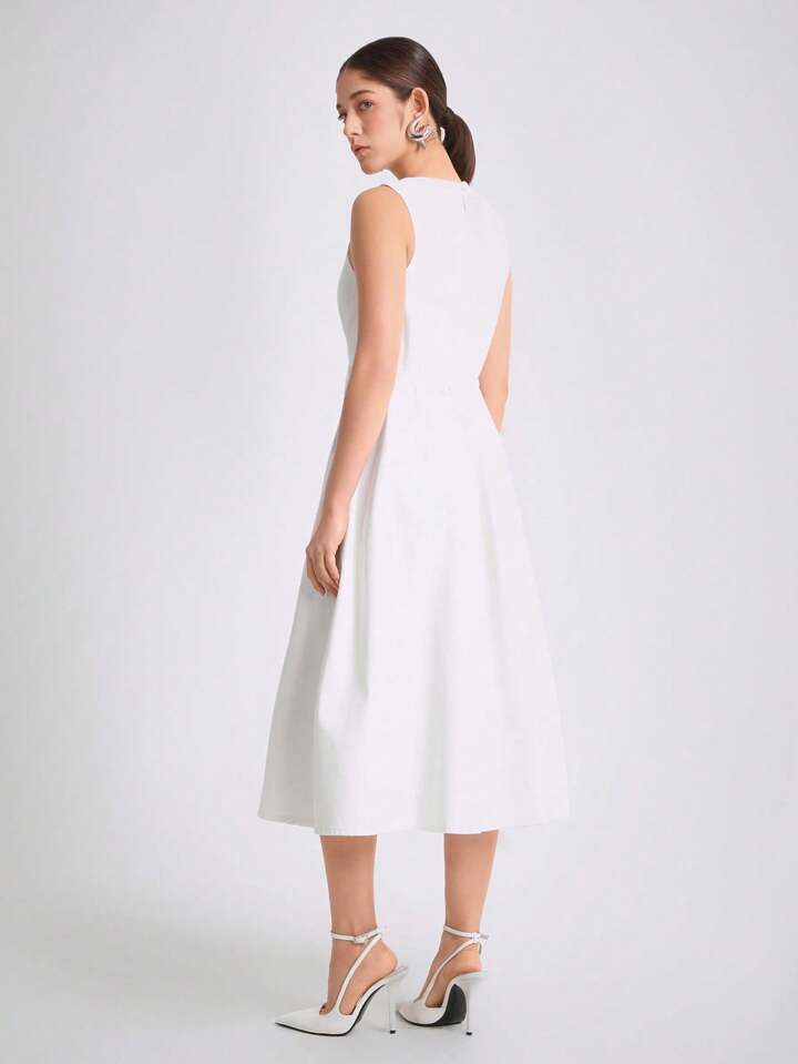 CM-DS931041 Women Casual Seoul Style Round Neck Sleeveless High Waist Loose Denim Dress - White