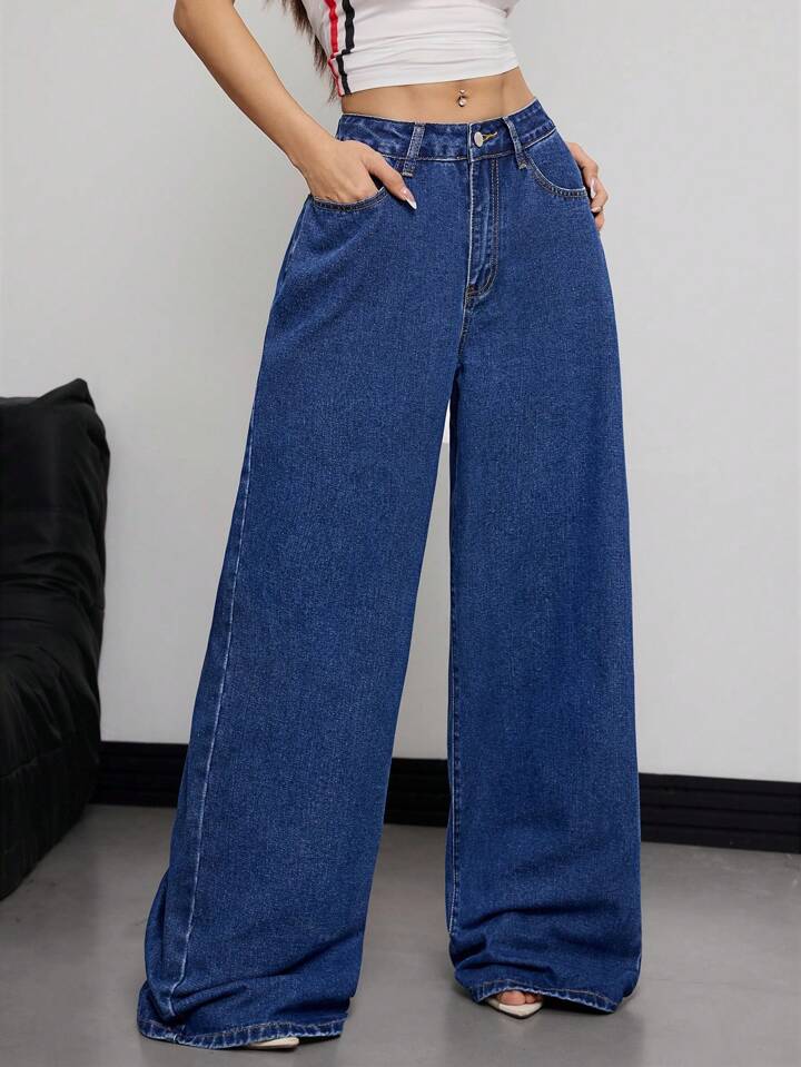 CM-BS482125 Women Casual Seoul Style Dark Wash Loose Fit Pockets Palazzo Wide-Leg Jeans