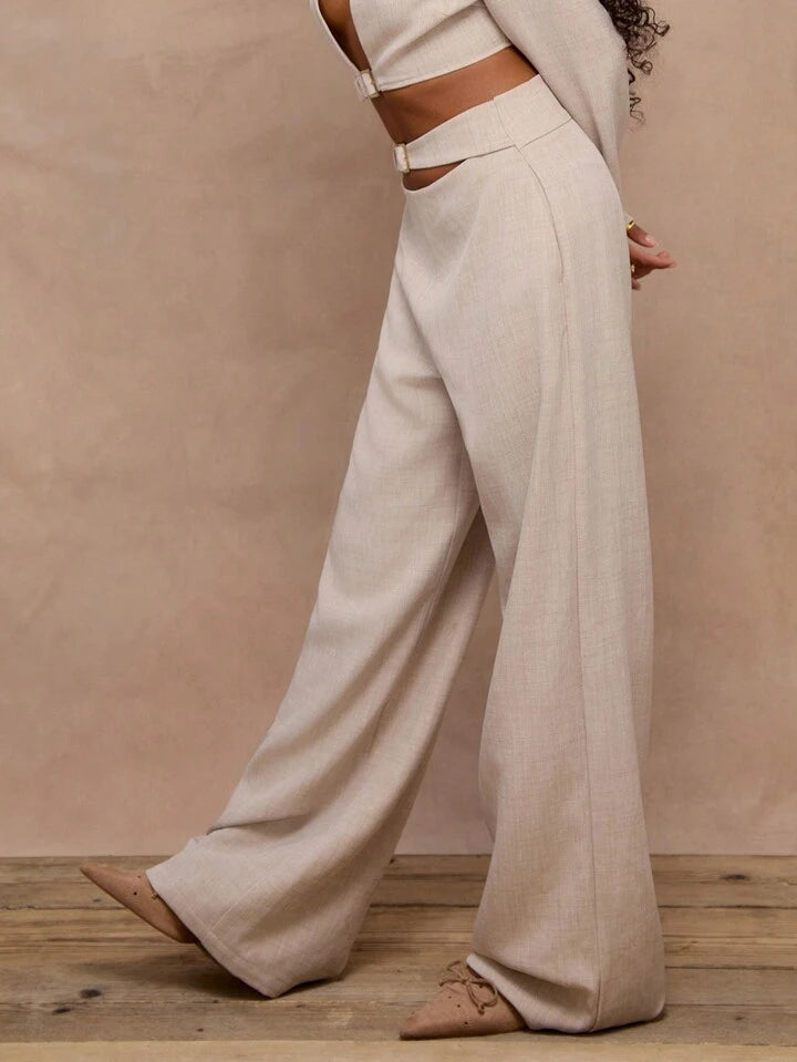 CM-BS481040 Women Elegant Seoul Style Linen Woven Buckle Suit Trouser - Apricot