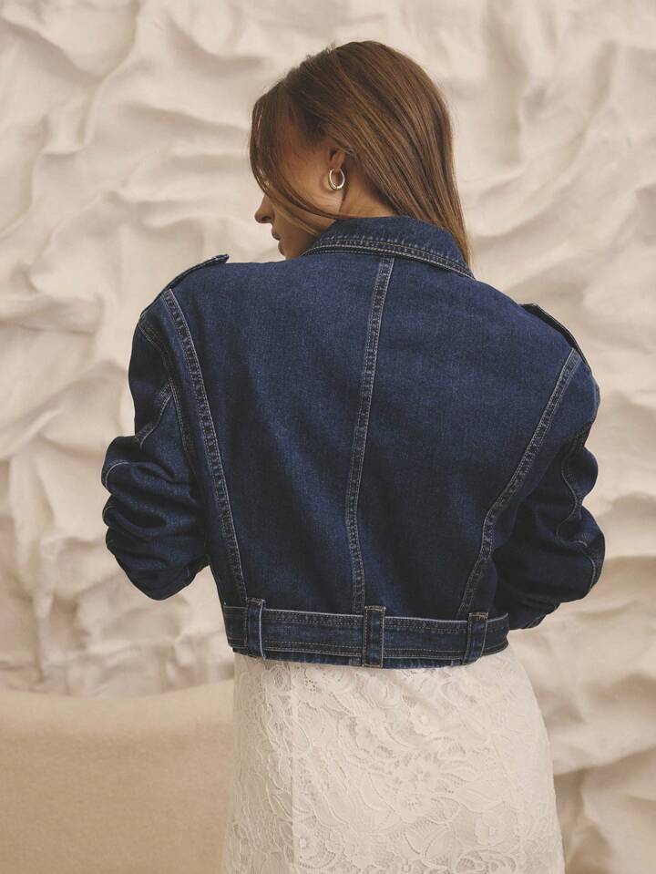 CM-CS992784 Women Casual Seoul Style Medium Wash Long Sleeve Cropped Denim Biker Jacket With Gold Trim Details