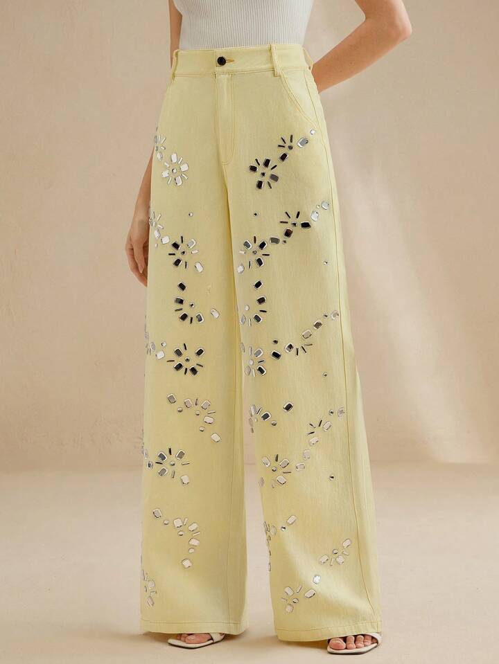 CM-BS166262 Women Casual Seoul Style Baggy Rhinestone Decor Pocket Wide Leg Denim Jeans - Yellow