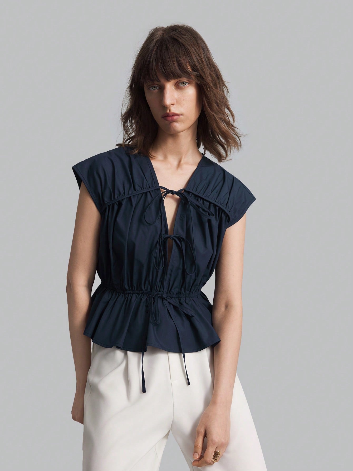 CM-TS801007 Women Casual Seoul Style Solid Color V-Neck Sleeveless Linen Shirt - Navy Blue