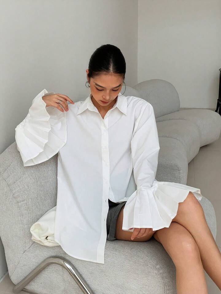 CM-TS094349 Women Casual Seoul Style Collar Neckline Asymmetrical Ruffled Cuffs Shirt - White