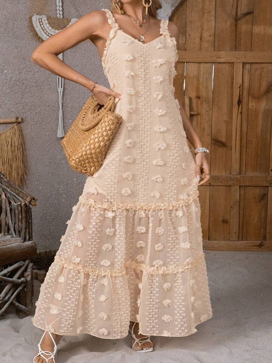 CM-DS936444 Women Trendy Bohemian Style Cut-Out Floral Design Strappy Dress - Apricot