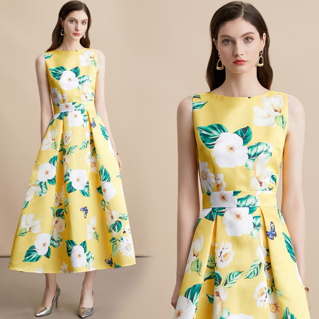 CM-DY054106 Women Elegant European Style Round Neck Sleeveless High Waist A-Line Mid-Length Dress - Yellow