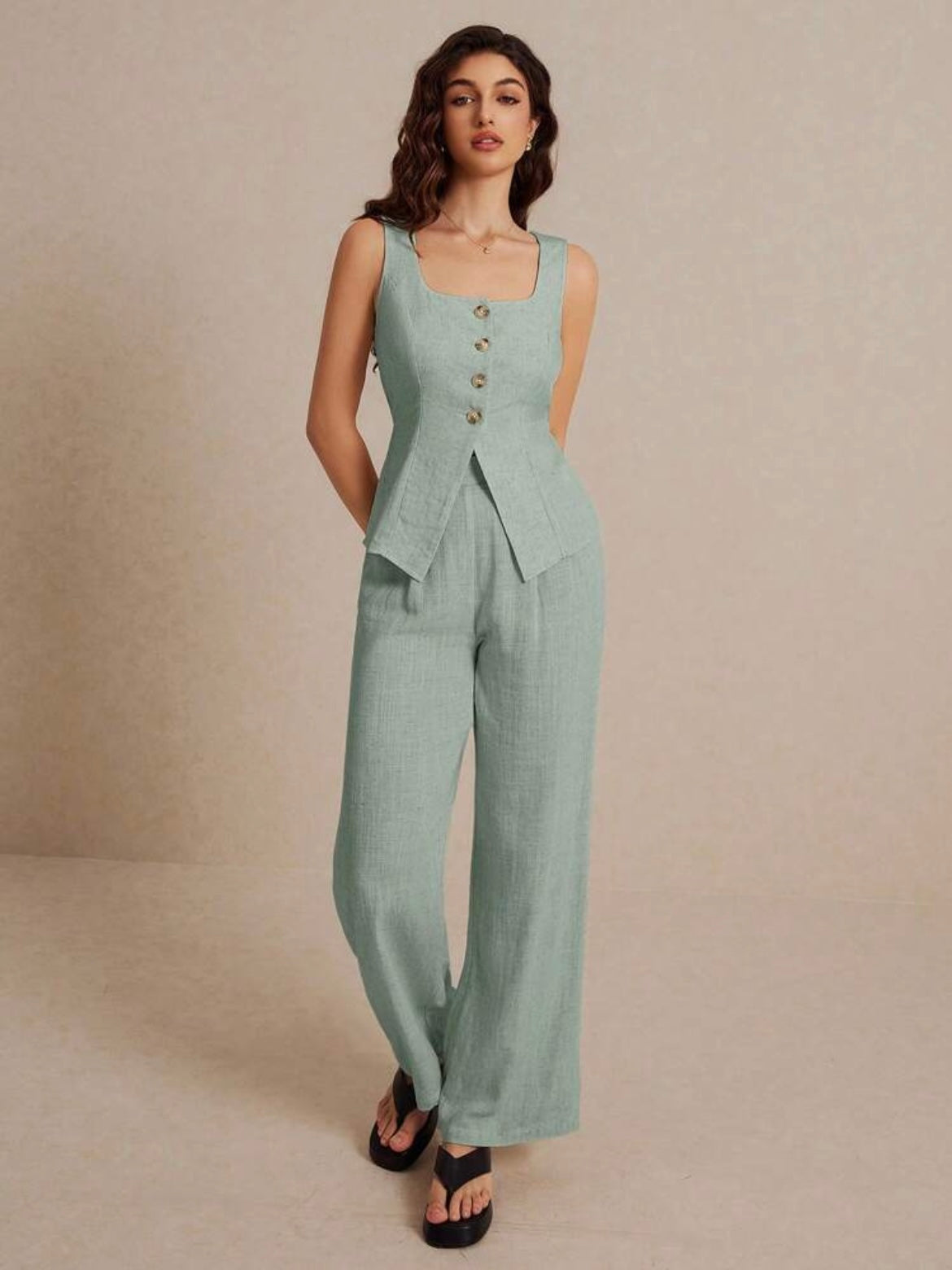 CM-SS607027 Women Casual Seoul Style Metal Button Embellishment Split Square Neck Sleeveless Vest With Pants - Set