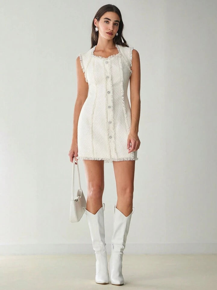 CM-DS866449 Women Elegant Seoul Style Sweetheart Neckline Sleeveless Sequin Tweed Dress - White