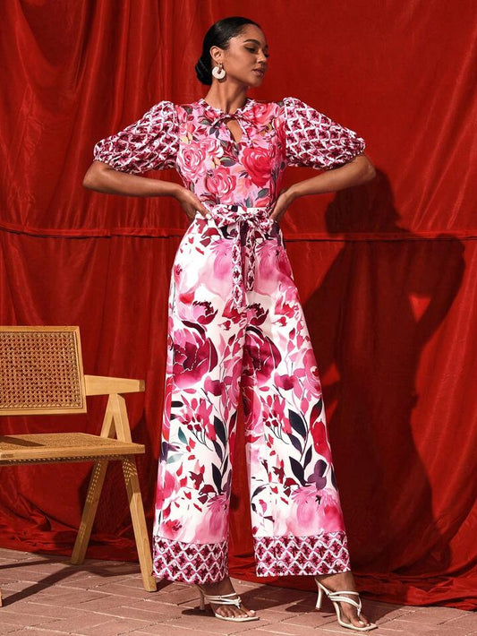 CM-JS948489 Women Trendy Bohemian Style All-Over Prints Keyhole Nekline Short Sleeve Jumpsuit