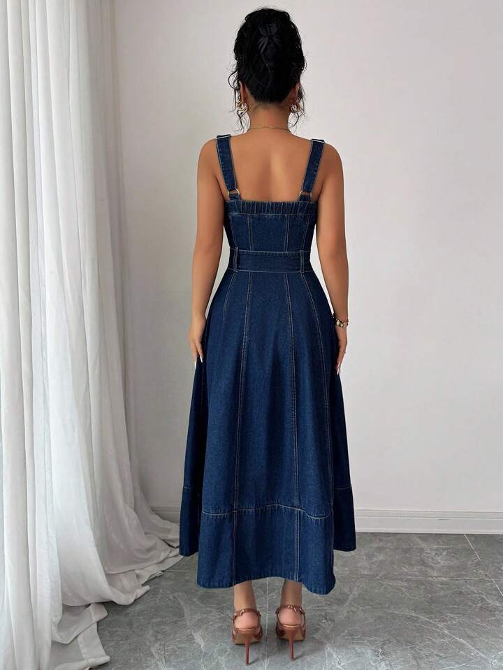 CM-DS261711 Women Elegant Seoul Style Dark Wash Flip Pocket Single-Breasted Buckle Belted Denim Strap Dress