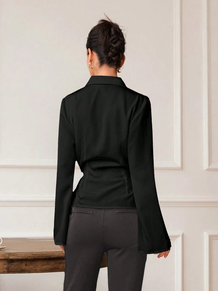 CM-TS247040 Women Elegant Seoul Style Cross Wrap Asymmetric Hem Long Sleeve Blouse - Black