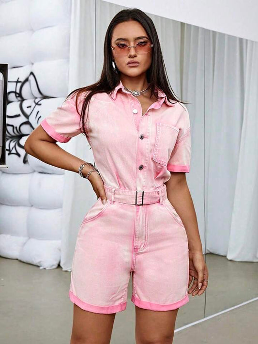 CM-JS463751 Women Casual Seoul Style Button Front Belted Denim Romper - Pink