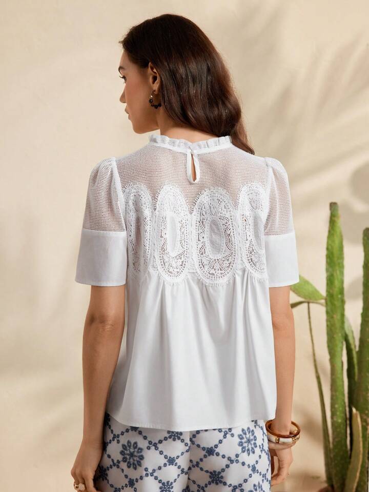 CM-TS479488 Women Casual Seoul Style Round Neck Puff Sleeve Lace Patchwork Loose Shirt - White
