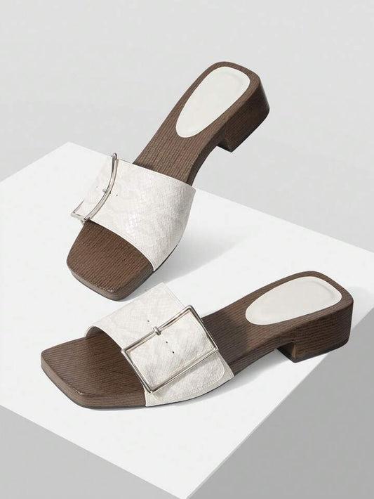 CM-SHS493873 Women Trendy Seoul Style Wooden Slip-On With Large Buckle PU Wedge Sandals - White