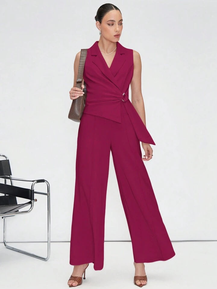 CM-JS558911 Women Elegant Seoul Style Lapel Neckline Sleeveless Wide Leg Jumpsuit - Hot Pink