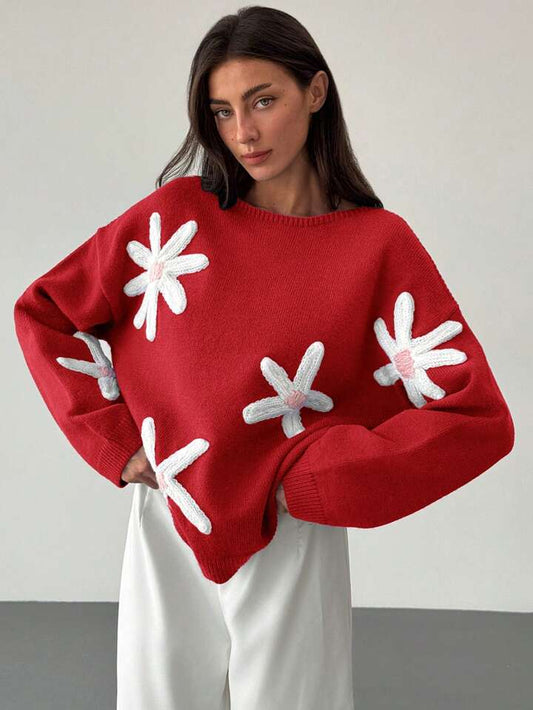 CM-CS900110 Women Casual Seoul Style 3D Floral Decoration Loose Fit Long Sleeve Sweater - Red