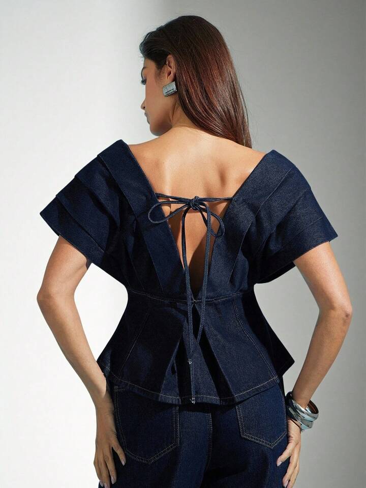 CM-TS395568 Women Elegant Seoul Style Dark Wash V-Neck Batwing Sleeve Pleated Off Shoulder Denim Top