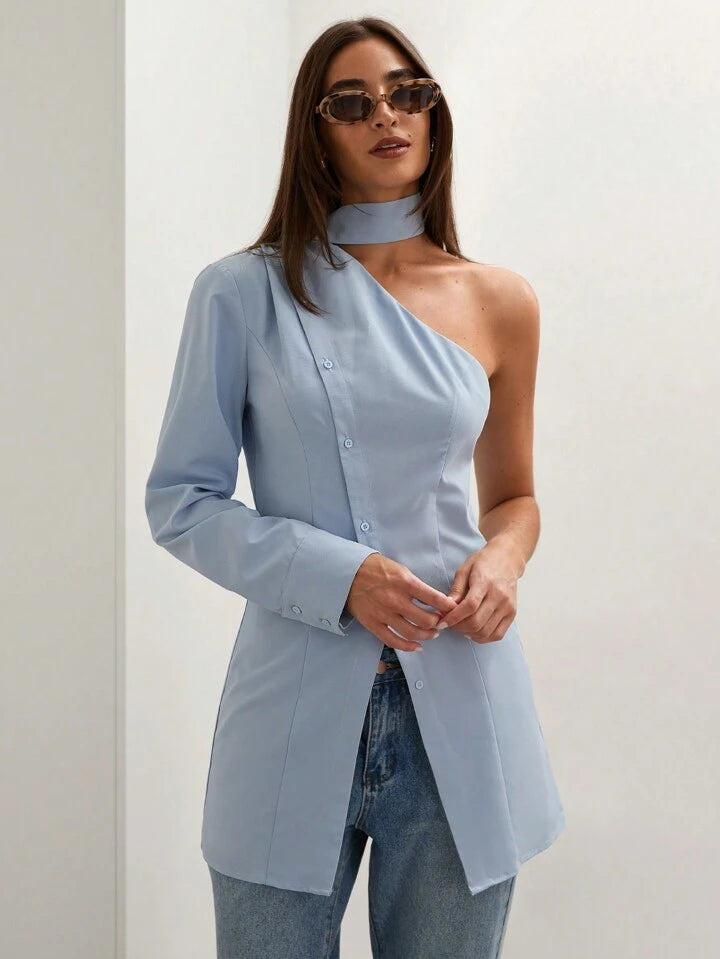 CM-TS864404 Women Casual Seoul Style Asymmetric Collar One Shoulder Long Sleeve Blouse - Baby Blue