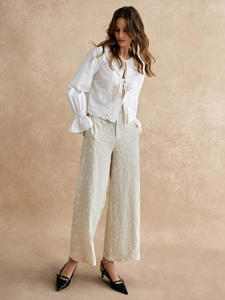 CM-BS110052 Women Casual Seoul Style Versatile Solid Color Embroidered Long Pants - Beige