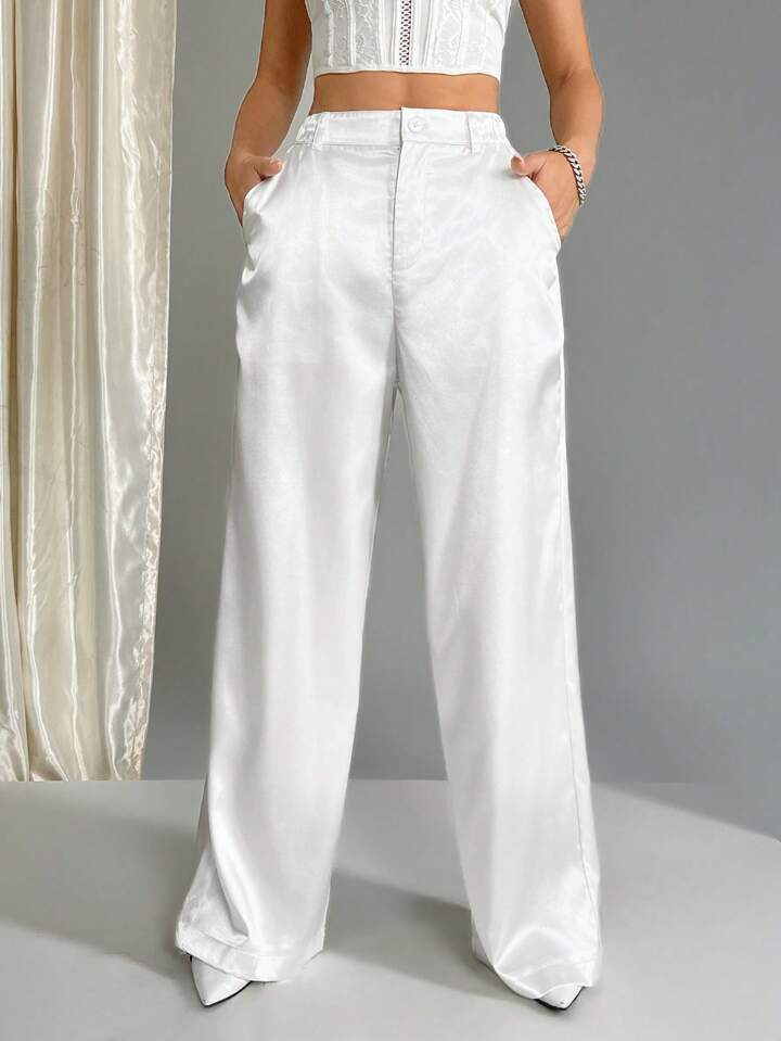 CM-BS751577 Women Casual Seoul Style Satin Elastic Waist Wide Leg Palazzo Pants - White