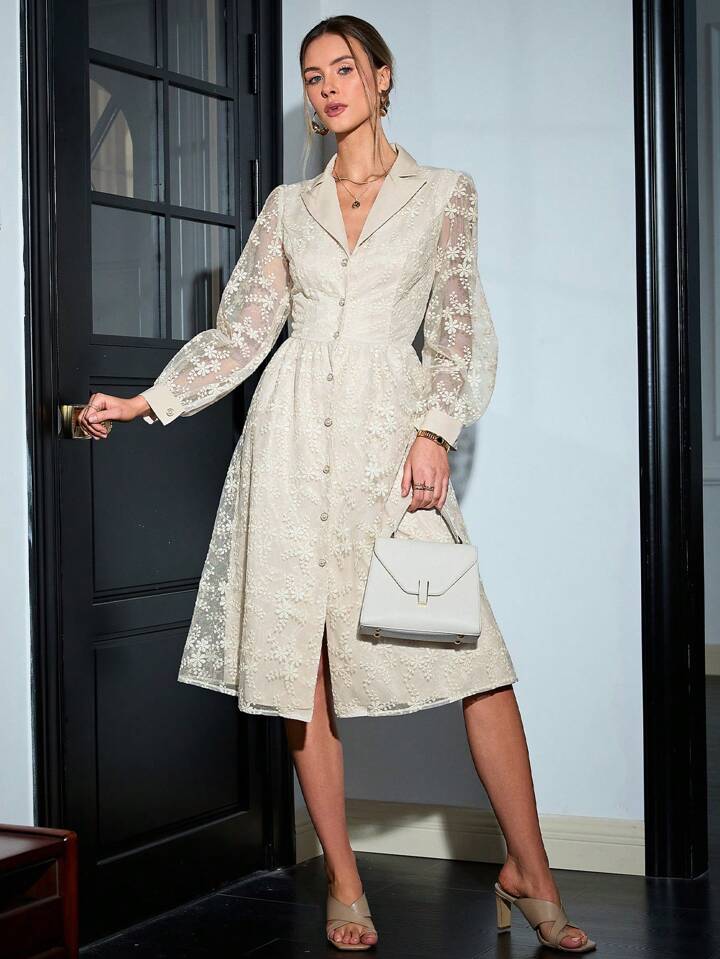 CM-DS645285 Women Elegant Seoul Style Embroidered Mesh Stand Collar Elastic Waist A-Line Dress - Apricot