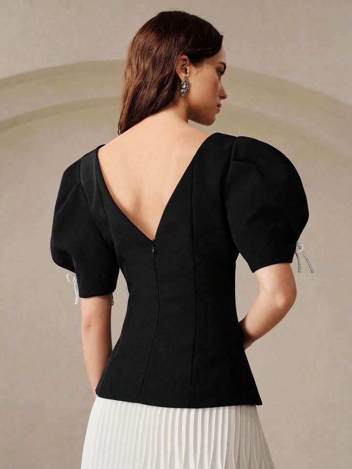 CM-TS263228 Women Elegant Seoul Style Round Neck Puff Sleeve Floral Cuff Pearl Beaded Bow Waist Cut-Out Pleated Top