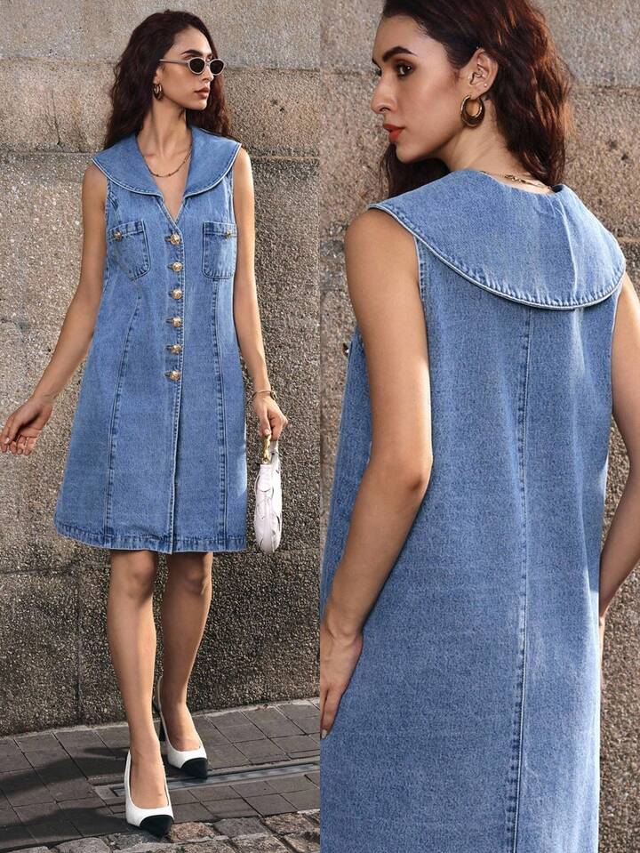 CM-DS321891 Women Casual Seoul Style Sailor Collar Sleeveless Buttoned Pocket Design Denim Dress - Blue