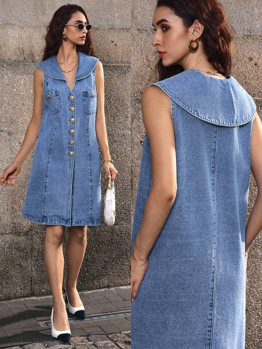 CM-DS321891 Women Casual Seoul Style Sailor Collar Sleeveless Buttoned Pocket Design Denim Dress - Blue