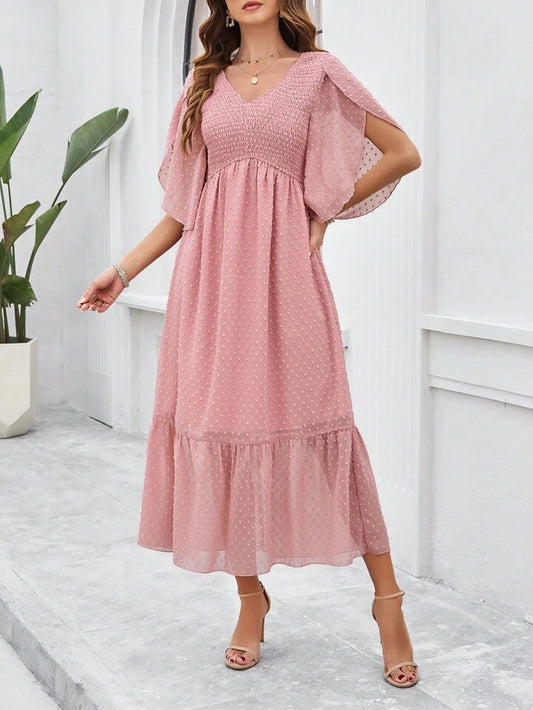 CM-DS085208 Women Elegant Seoul Style Solid Color V-Neck Ruffle Hem Dress - Pink