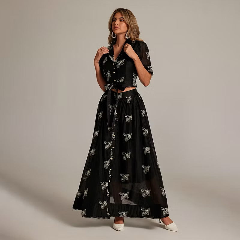 CM-SY035589 Women Elegant European Style Collar Neckline Half Sleeve Beads Decor Blouse With High Waist Long Skirt - Set