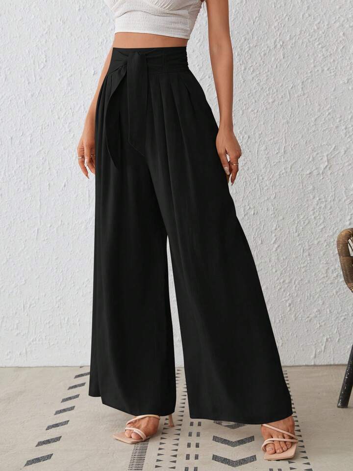 CM-BS134677 Women Trendy Bohemian Style Pleated Woven Wide-Leg Pants - Black