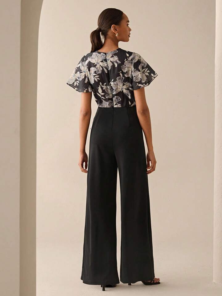 CM-JS668838 Women Elegant Seoul Style Floral Print Patchwork Sleeveless Wide Leg Jumpsuit - Black