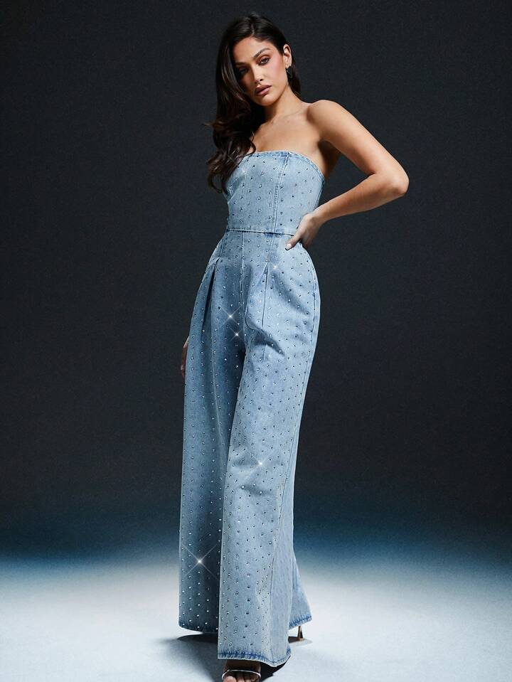 CM-JS136046 Women Elegant Seoul Style Light Wash Rhinestone Detail Wide Leg Denim Jumpsuit
