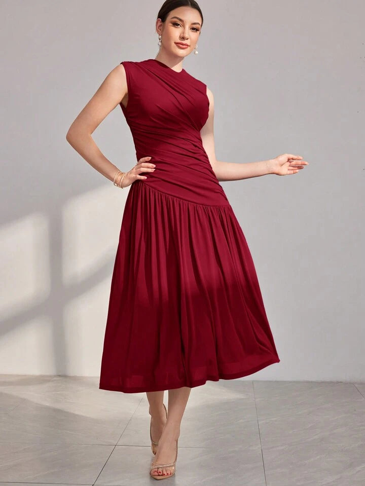 CM-DS858894 Women Elegant Seoul Style Stand Collar Pleated Sleeveless Dress - Burgundy