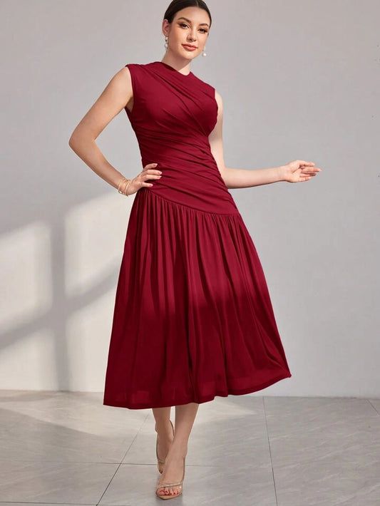 CM-DS858894 Women Elegant Seoul Style Stand Collar Pleated Sleeveless Dress - Burgundy