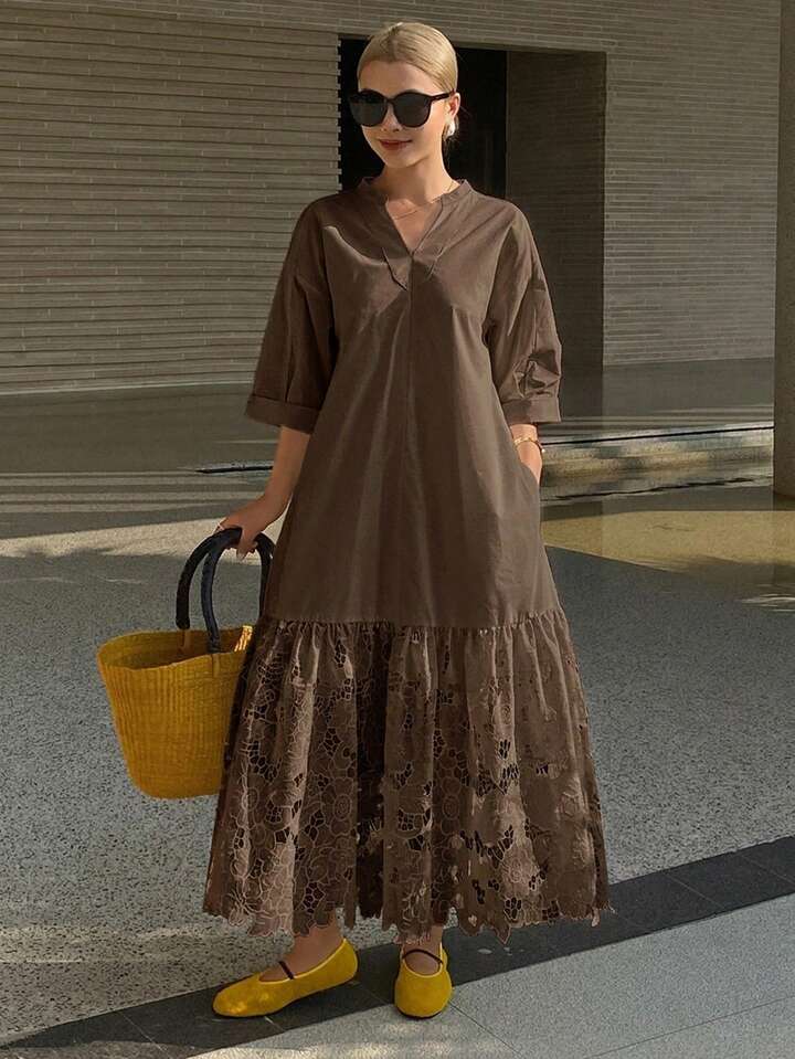 CM-DS494983 Women Trendy Bohemian Style Lace Patchwork Stand Collar 3/4 Sleeve Long Shirt Dress - Coffee Brown