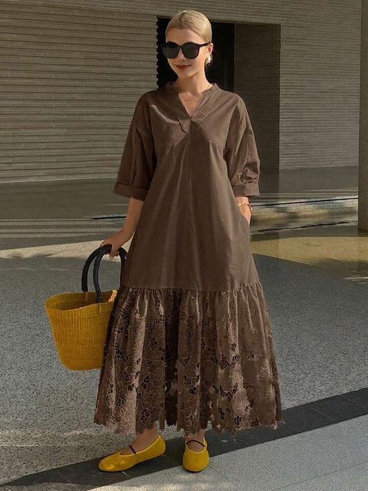 CM-DS494983 Women Trendy Bohemian Style Lace Patchwork Stand Collar 3/4 Sleeve Long Shirt Dress - Coffee Brown