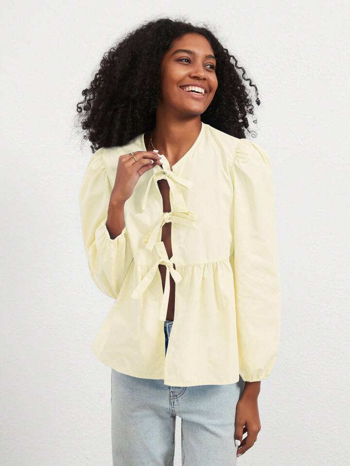 CM-TS481897 Women Casual Seoul Style Print Ruffle Hem Tie Long Sleeve Shirt - Yellow