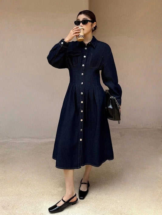 CM-DS911860 Women Casual Seoul Style Dark Wash Collar Neckline Long Sleeve High  Waist Midi Denim Dress