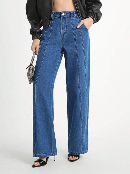 CM-BS080566 Women Casual Seoul Style Medium Wash High Waist Diagonal Split Straight Leg Denim Pants
