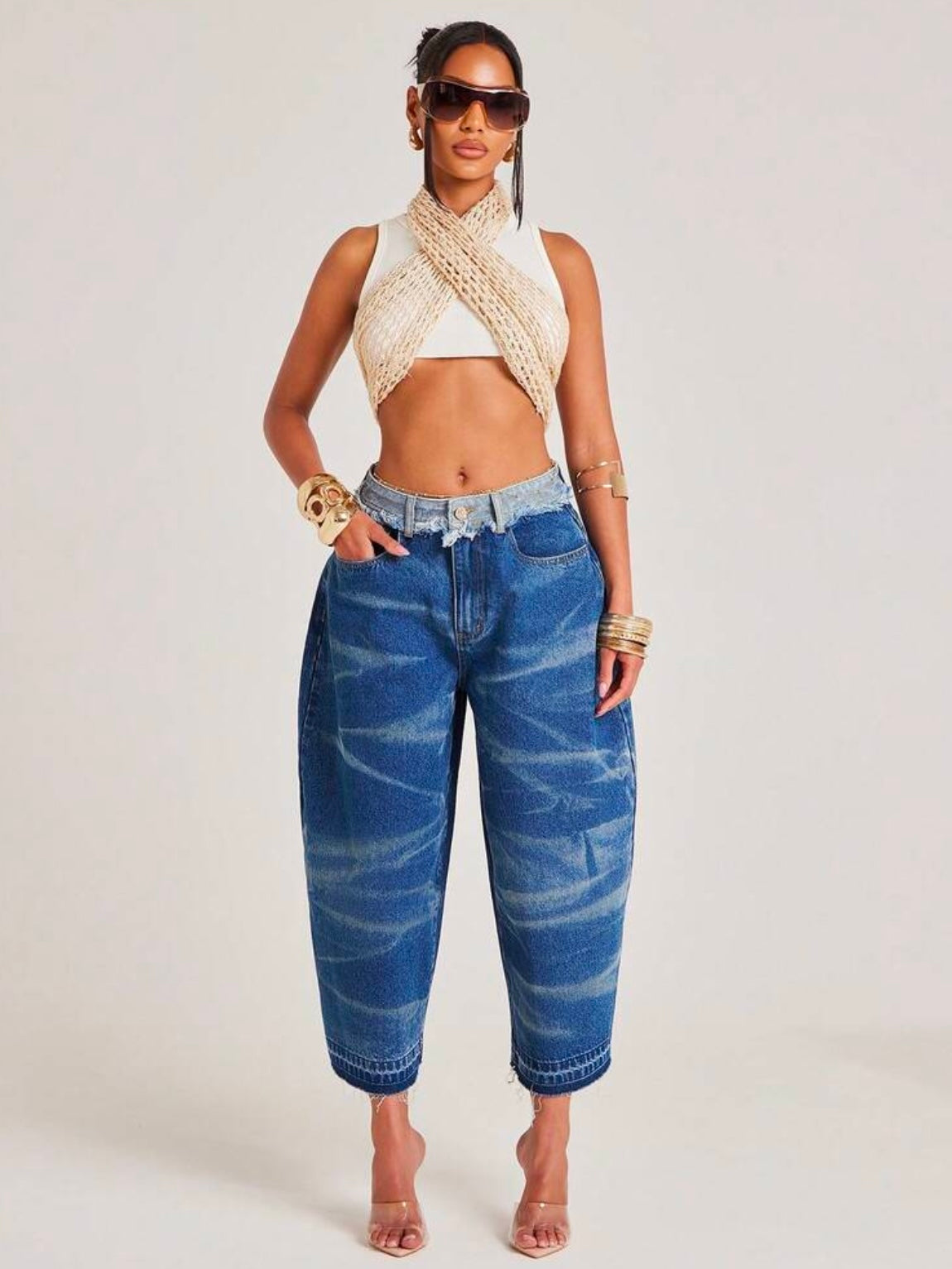 CM-BS065804 Women Casual Seoul Style Medium Wash Cutoff Waistband Baggy Loose Fit Oversized Bermuda Denim Shorts