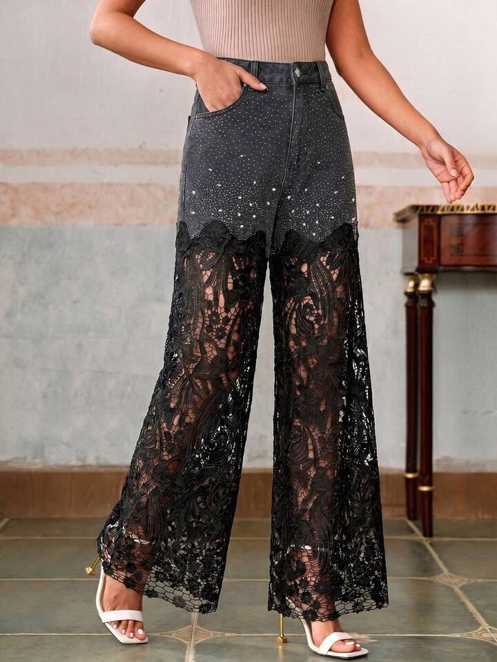 CM-BS979972 Women Elegant Seoul Style Mid Waist Lace Rhinestone Straight Leg Pants - Black