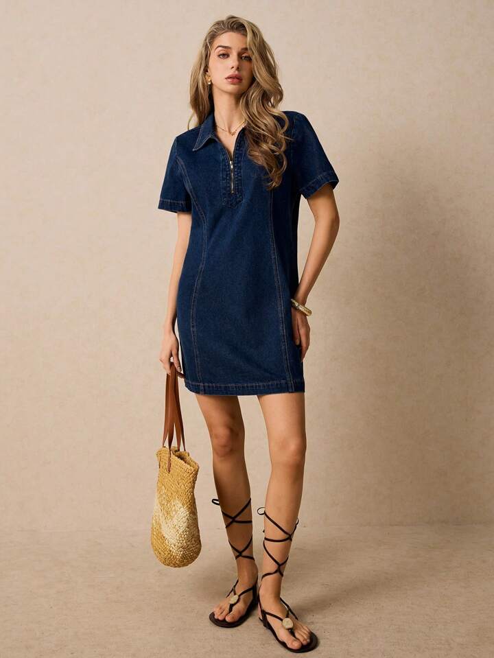 CM-DS777297 Women Casual Seoul Style Dark Wash Zipper Front Short Sleeves Shirt Collar Denim Dress