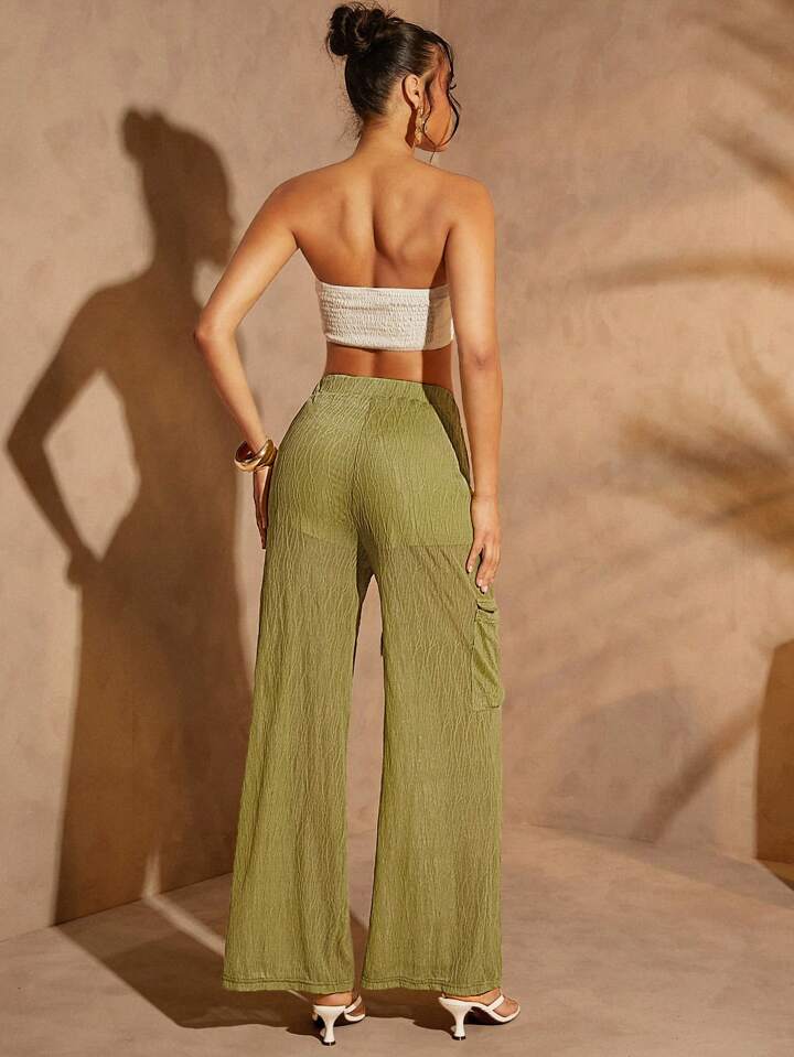 CM-BS101832 Women Trendy Bohemian Style Tassel Drawstring Flap Pocket Cargo Pants - Green