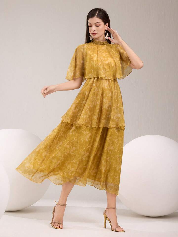 CM-DS651232 Women Elegant Seoul Style Stand Collar Flounce Sleeve Multi-Layered Mid-Length Dress - Yellow