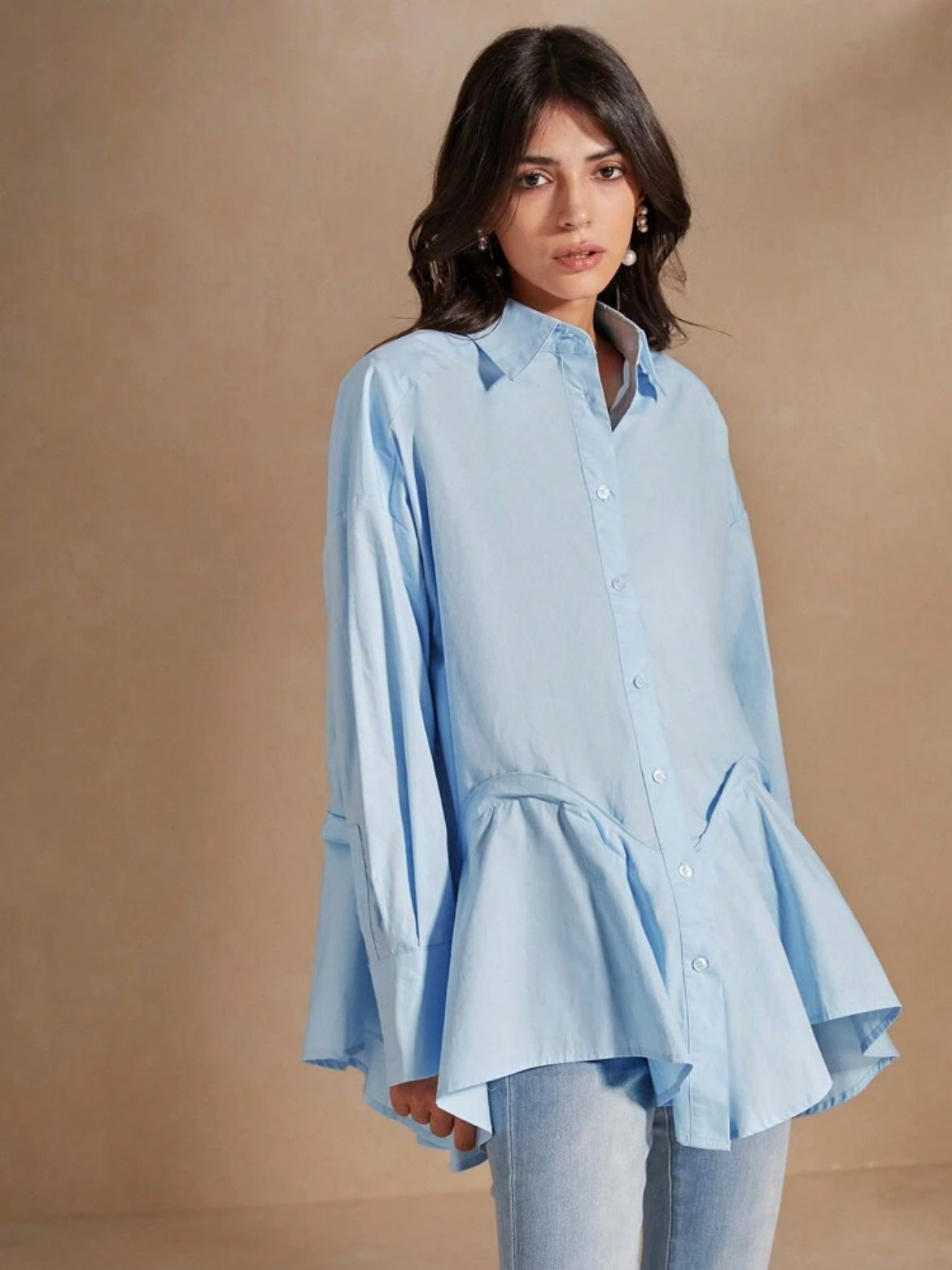CM-TS493804 Women Casual Seoul Style Solid Color Asymmetrical Hemline Long Sleeve Shirt - Blue