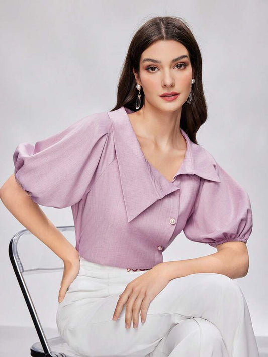 CM-TS310474 Women Casual Seoul Style Button Up V-Neck Bubble Sleeve Shirt - Pink