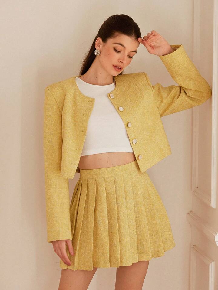 CM-SS876911 Women Elegant Seoul Style Tweed Short Collarless Button Jacket With Pleated Mini Skirt Suit - Yellow