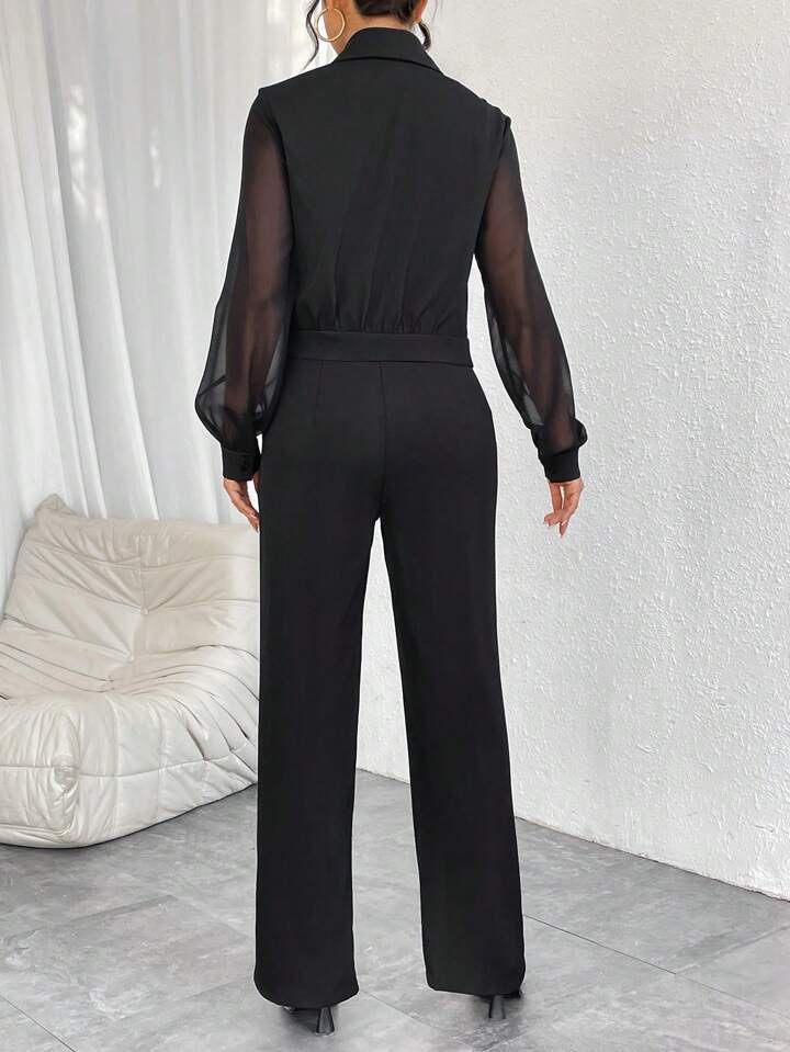 CM-SS766972 Women Elegant Seoul Style Sheer Mesh Insert Long Sleeve Blazer With Pants Suit - Black